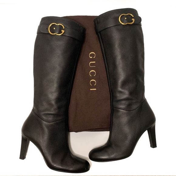 Gucci Shoes - Gucci GG Cellarius Black Pebbled Leather Knee High Heeled Boots EU 39.5 US 9.5